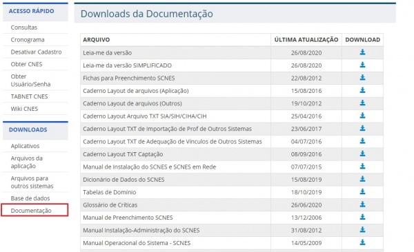 Tela de acesso à documentação.